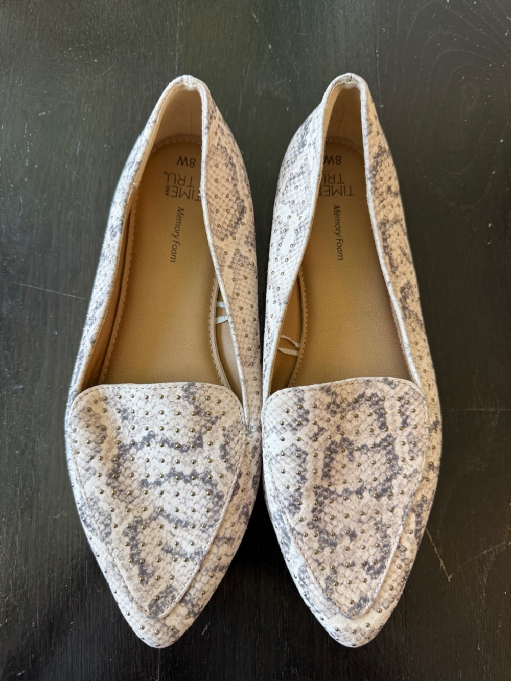 Time and Tru Pointed Snake-Print Flats in Size 8 and Wide
